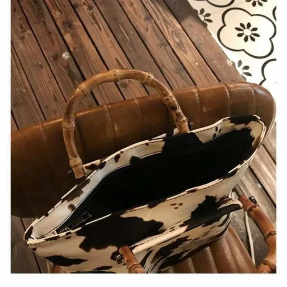 Cow Print Handbag Bamboo Handle Purse Womens Western Collapsible Top Handle Bag